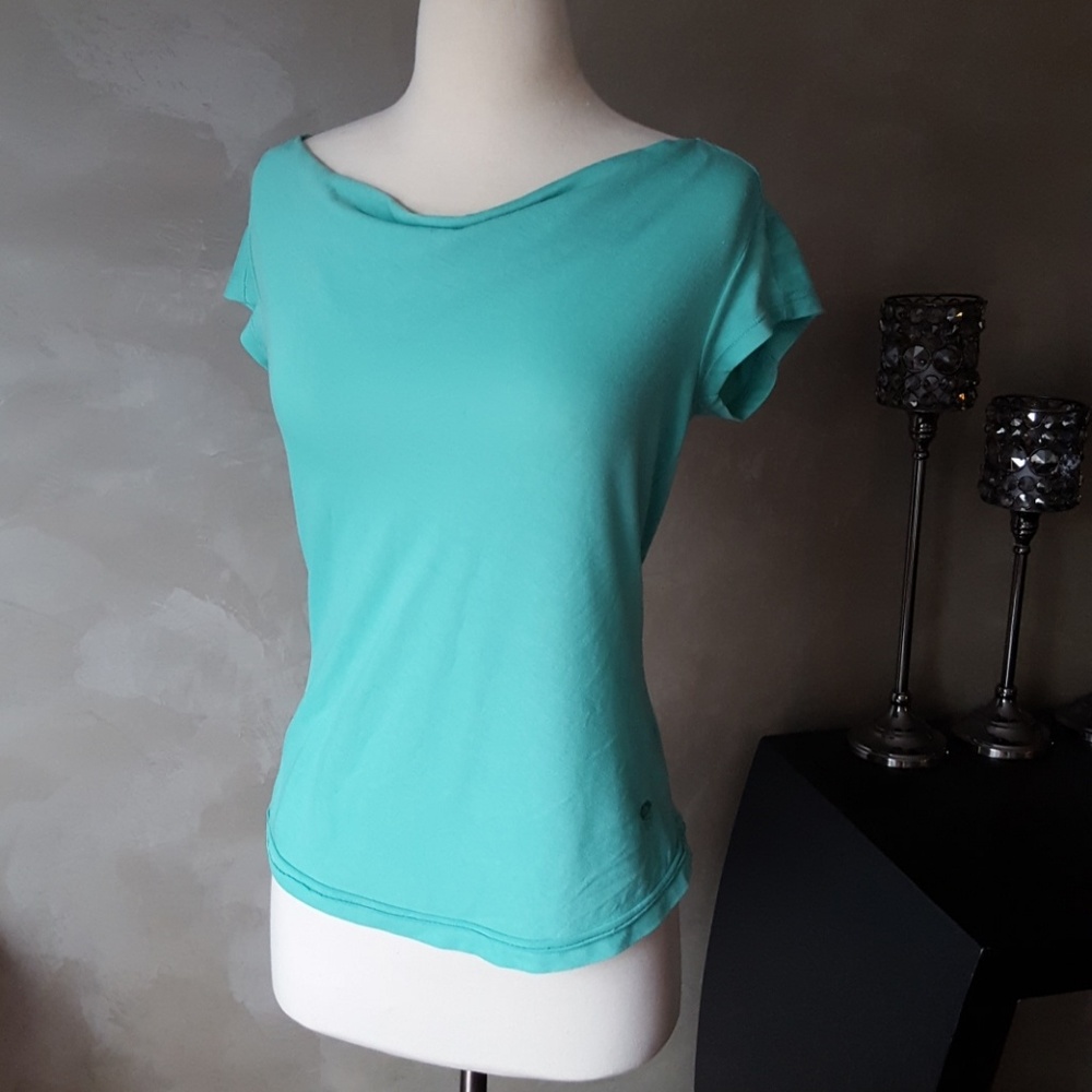 Wool Blend Boat Neck Drape Turquoise Outdoor Top